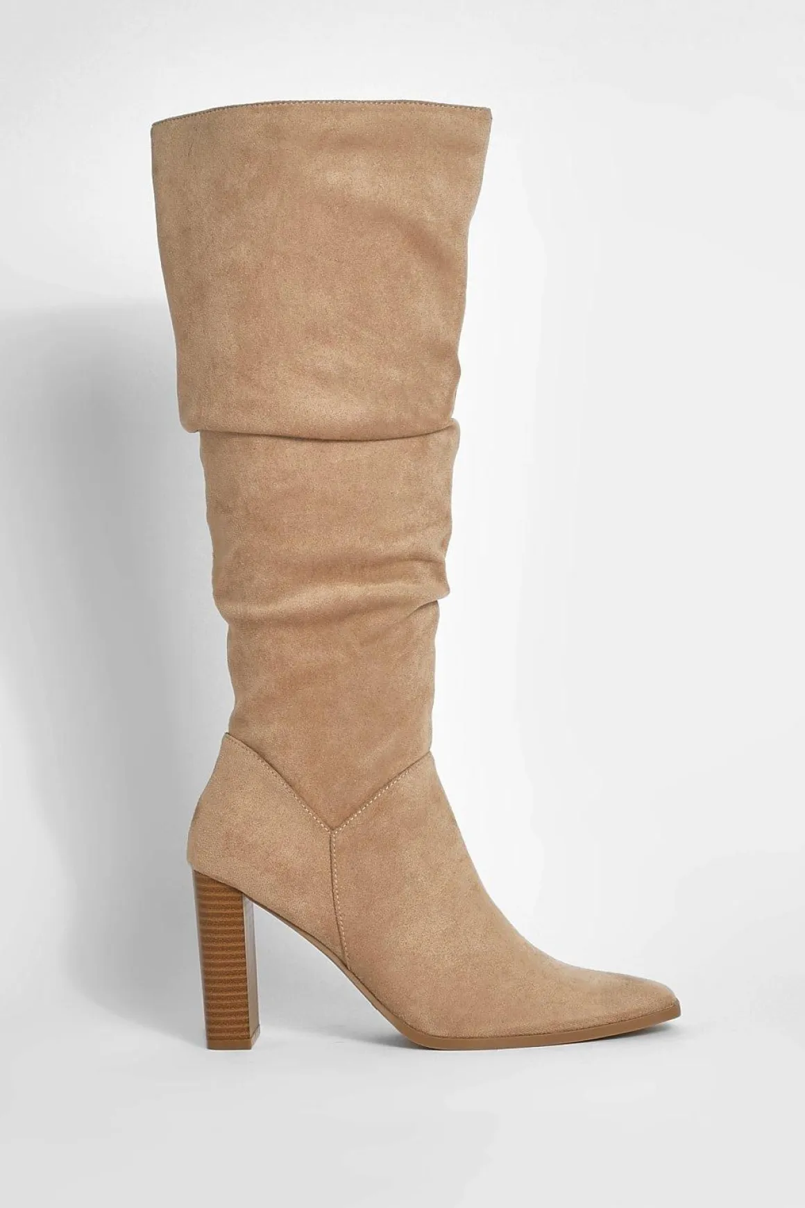 Faux Suede Ruched Block Heel Knee High Boot