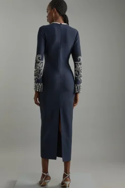 Figure Form Robe Maxi à Manches Larges en Tricot Bandage Embellie