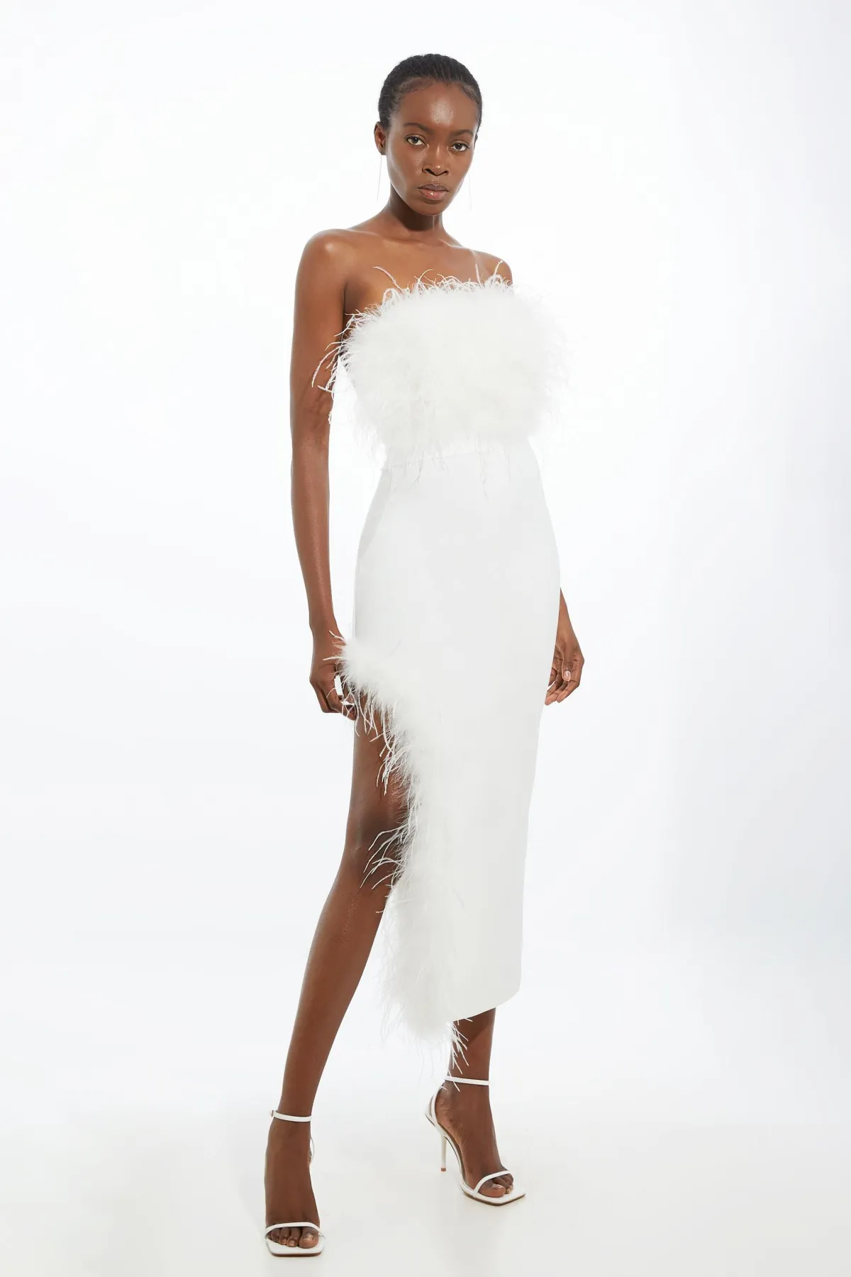 KarenMillen Figure Form Robe Midi en Maille Bande avec Détail de Plumes et Bandeau<Femme Pulls Et Gilets|Toutes Les Mailles