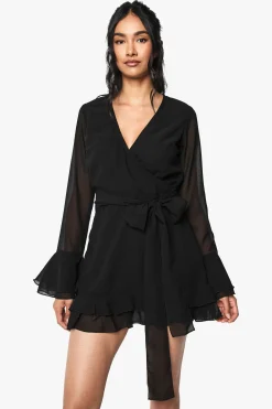 boohoo Flare Sleeve Chiffon Wrap Mini Dress<Femme Robes À Manches Longues|Robes