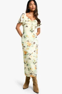 Floral Angel Sleeve Midaxi Dress