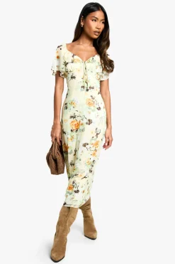 Floral Angel Sleeve Midaxi Dress