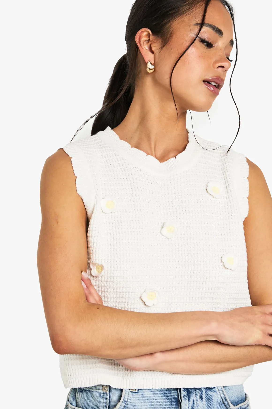 Floral Appliqué Crochet Knitted Top
