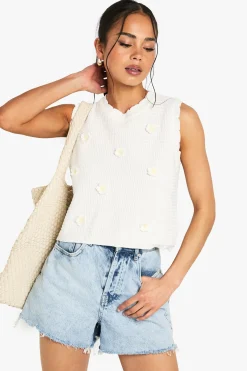 Floral Appliqué Crochet Knitted Top