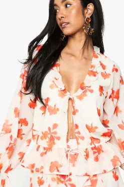 Floral Chiffon Blouse à Volants