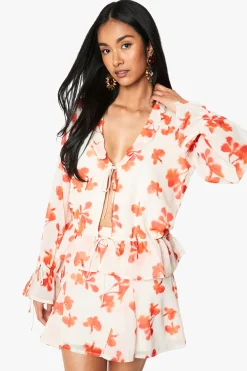 Floral Chiffon Blouse à Volants
