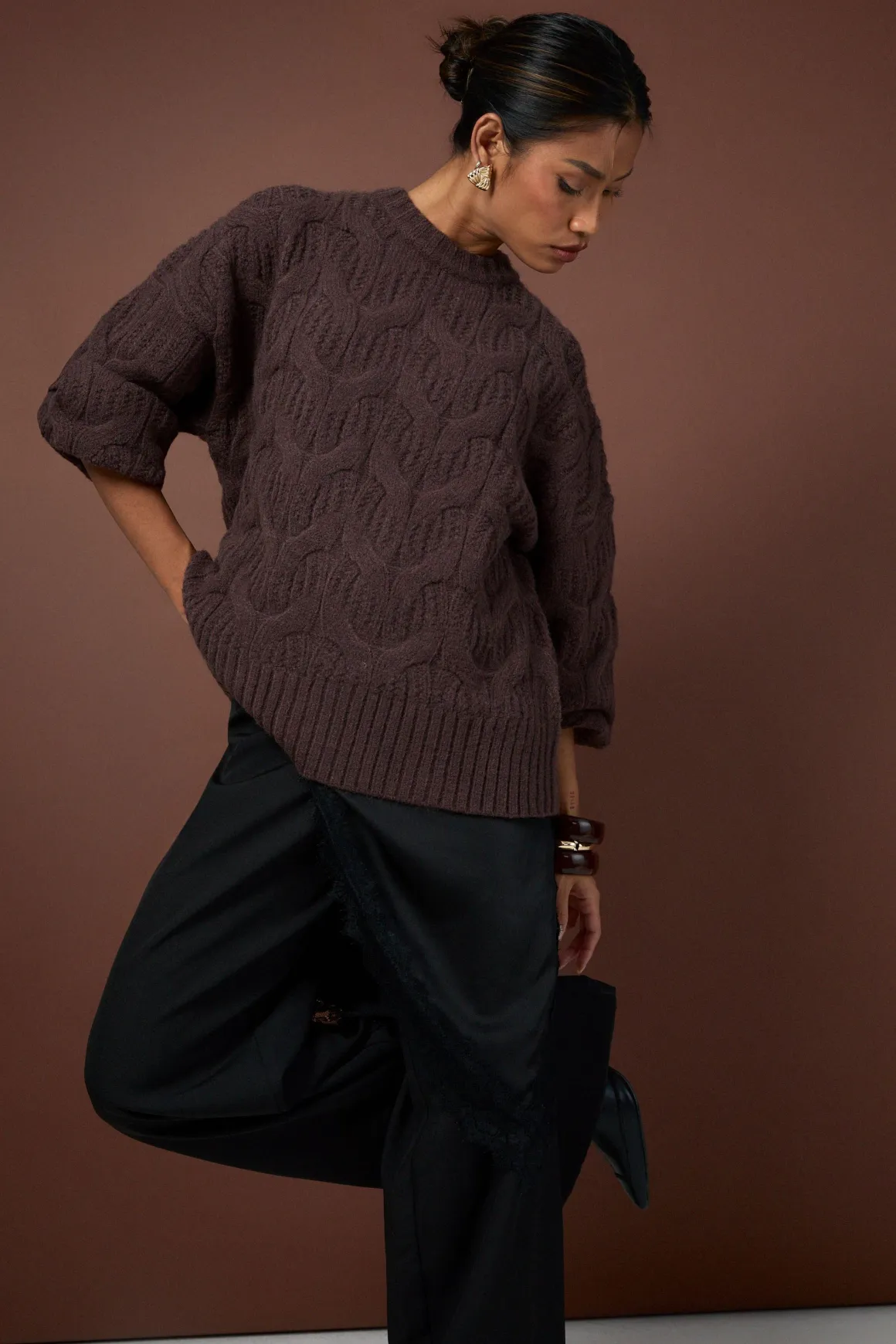 Fluffy Cable Knit Crew Neck Jumper