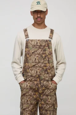 boohooMAN Forest Camo Cargo Pocket Relaxed Dungarees<Homme Denim|Denim