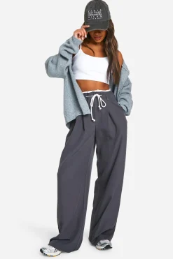 boohoo Fray Hem Double Waistband Wide Leg Woven Trousers<Femme Pantalons|Looks De Rentrée