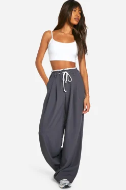 boohoo Fray Hem Double Waistband Wide Leg Woven Trousers<Femme Pantalons|Looks De Rentrée