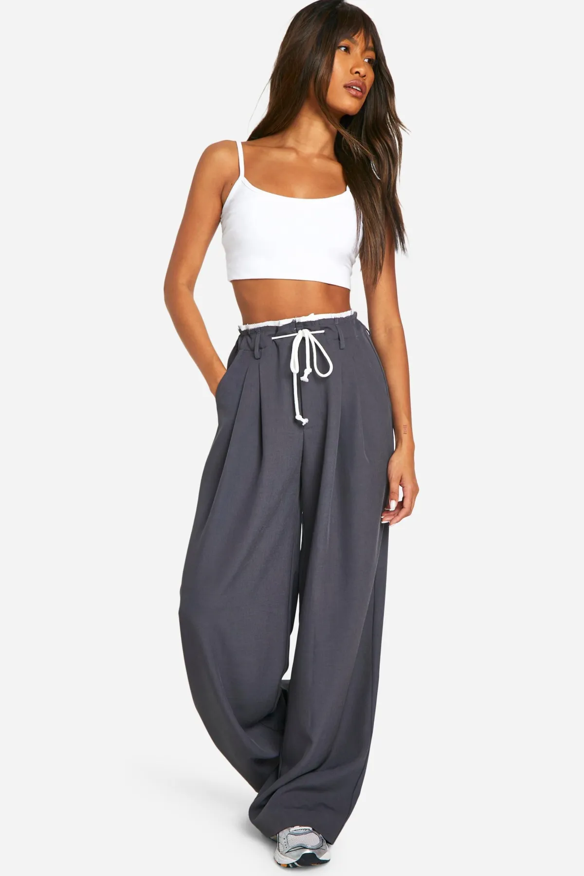 boohoo Fray Hem Double Waistband Wide Leg Woven Trousers<Femme Pantalons|Looks De Rentrée
