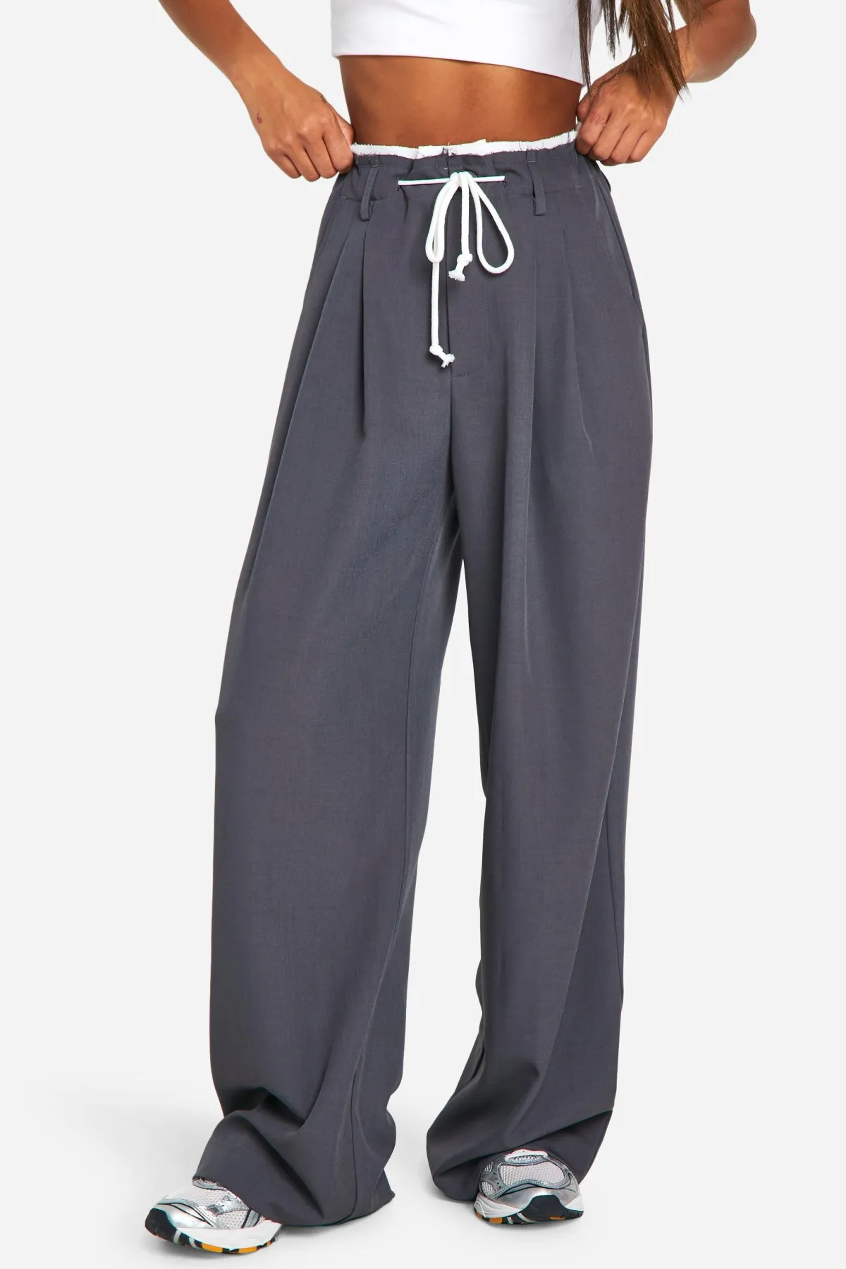 boohoo Fray Hem Double Waistband Wide Leg Woven Trousers<Femme Pantalons|Looks De Rentrée