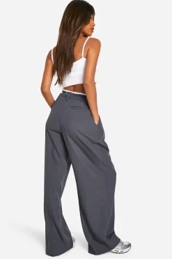 boohoo Fray Hem Double Waistband Wide Leg Woven Trousers<Femme Pantalons|Looks De Rentrée