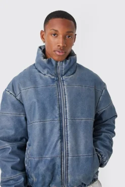 Funnel Neck Boxy Denim Look Pu Puffer