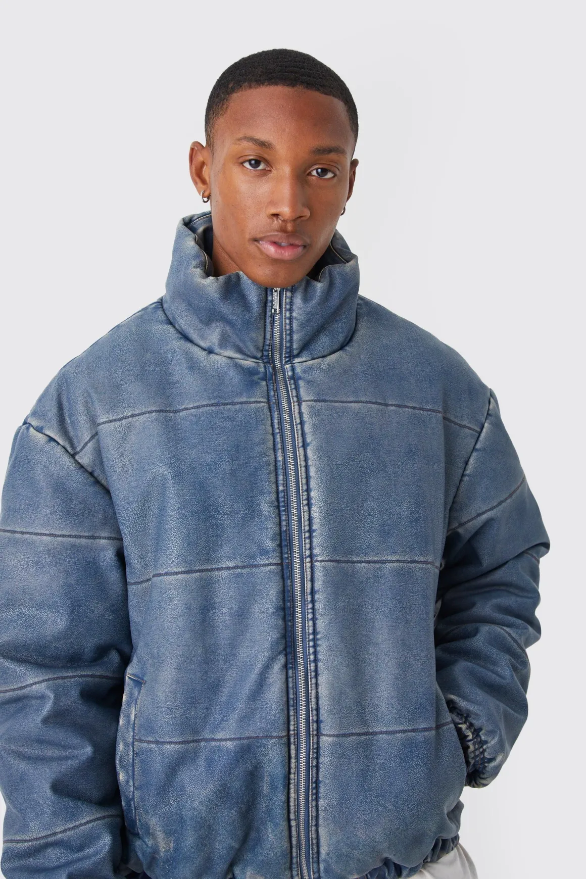 Funnel Neck Boxy Denim Look Pu Puffer
