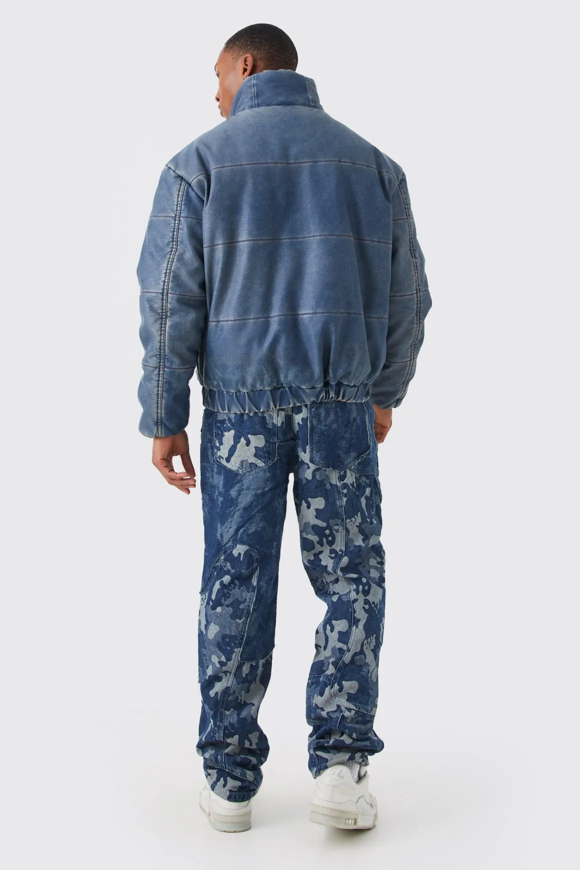Funnel Neck Boxy Denim Look Pu Puffer