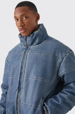 Funnel Neck Boxy Denim Look Pu Puffer