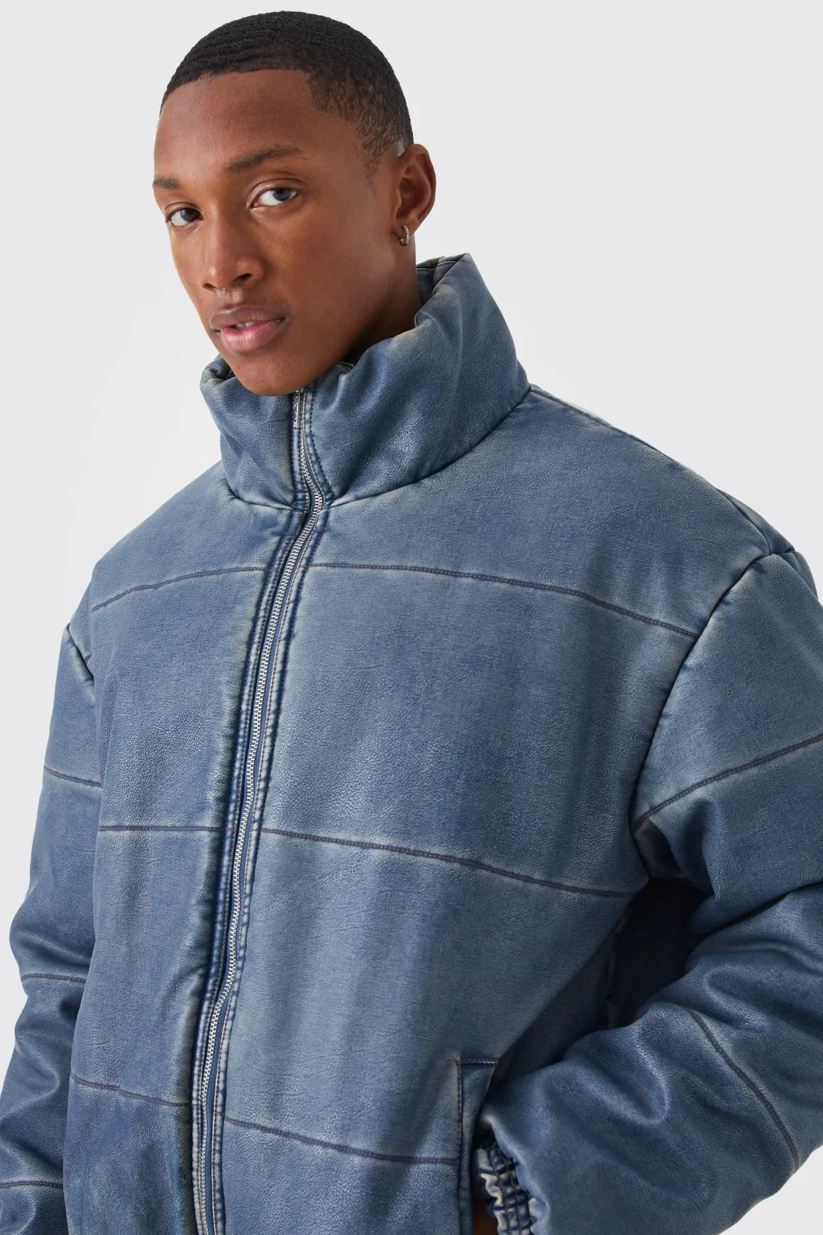 Funnel Neck Boxy Denim Look Pu Puffer