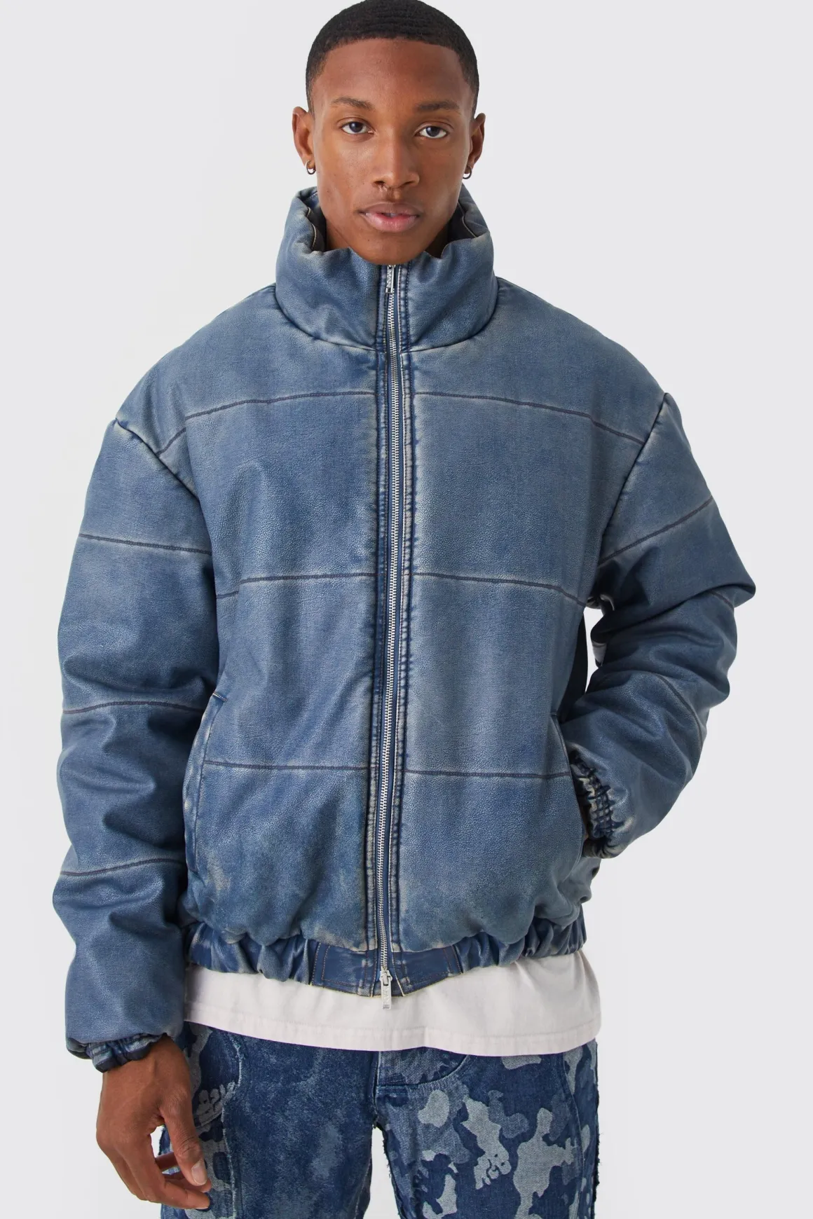 Funnel Neck Boxy Denim Look Pu Puffer