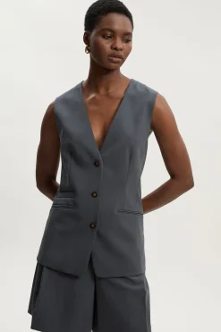 Gilet Ajusté en Sergé Essentiel à Simple Boutonnage