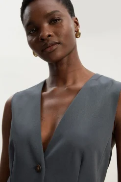 Gilet Ajusté en Sergé Essentiel à Simple Boutonnage