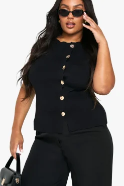 Gilet asymétrique à boutons dorés pour grandes tailles