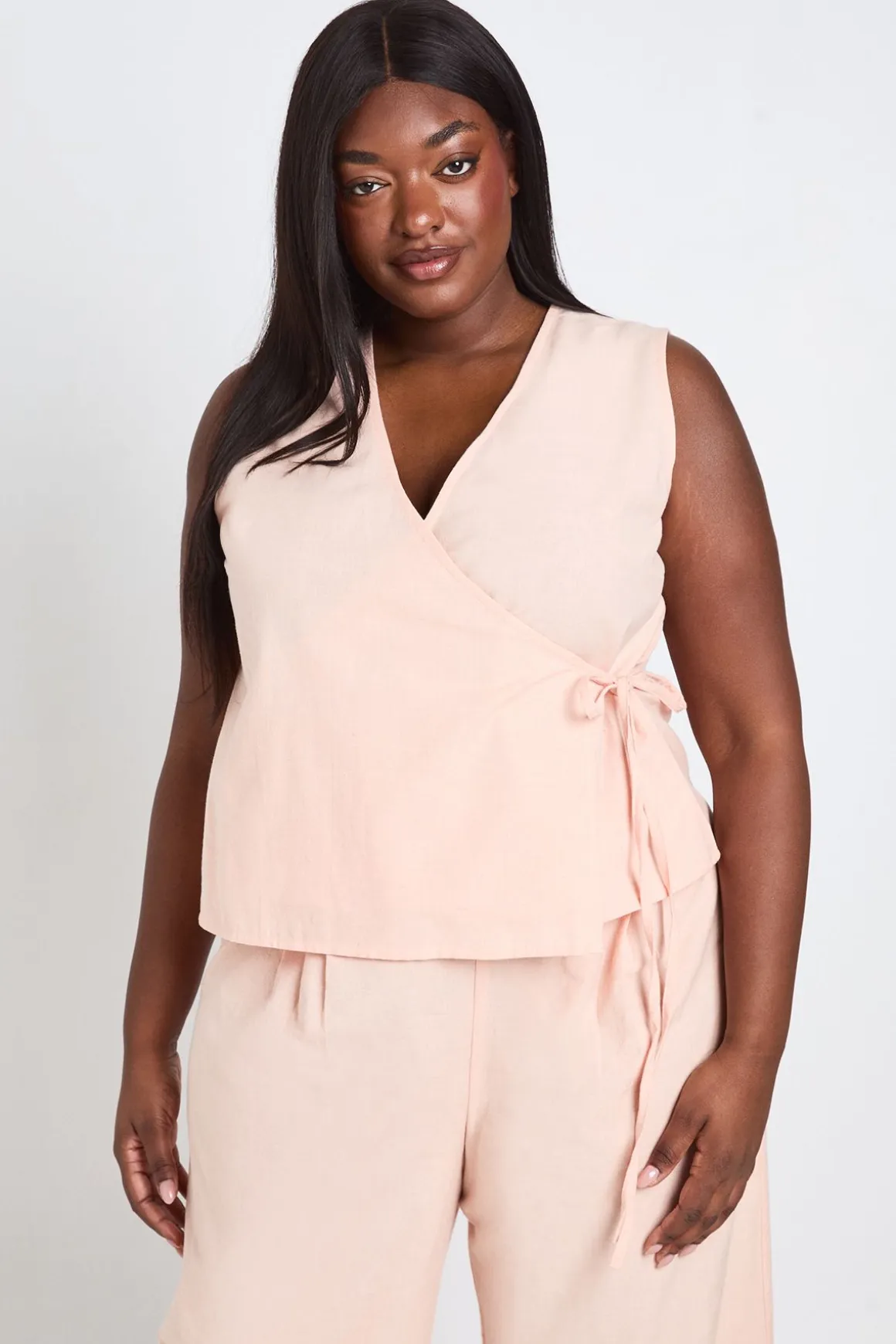Gilet Cache-cœur Ample Et Pantalon Large En Lin Grande Taille