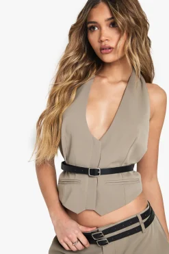 boohoo Gilet ceinturé en tissu tissé sur mesure à col halterneck<Femme Tailleurs|Tops