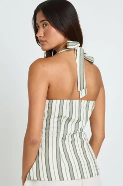 boohoo Gilet Dos Nu En Lin Rayé À Col Licou Premium<Femme Tops