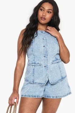 Gilet en denim avec boutons en tissu assorti