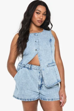 Gilet en denim avec boutons en tissu assorti