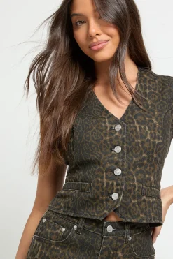 boohoo Gilet en Jean Imprimé Léopard<Femme Tailleurs|Denim