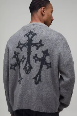 boohooMAN Gilet En Maille Brossée Décontracté À Coupe Ample Avec Motif Croix Gothique<Homme Maille|Mailles