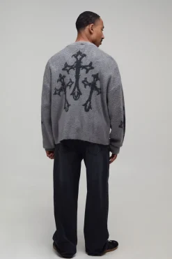 boohooMAN Gilet En Maille Brossée Décontracté À Coupe Ample Avec Motif Croix Gothique<Homme Maille|Mailles