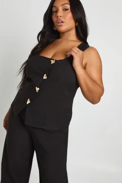 Gilet à la coupe asymétrique orné d'un détail de galon doré Plus et pantalon tailleur à jambes larges assorti