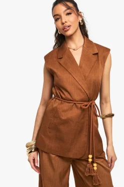 boohoo Gilet Lin Look Longline Cintré à Ceinture<Femme Tailleurs|Tops