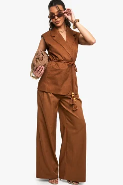 boohoo Gilet Lin Look Longline Cintré à Ceinture<Femme Tailleurs|Tops