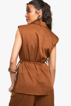 boohoo Gilet Lin Look Longline Cintré à Ceinture<Femme Tailleurs|Tops