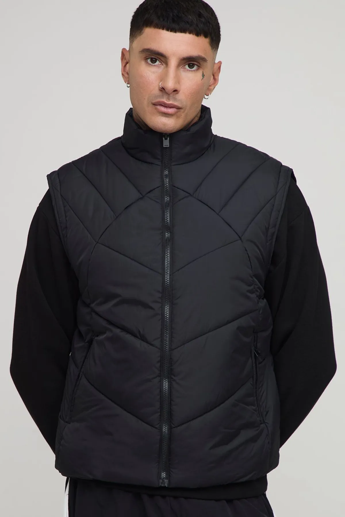 boohooMAN Gilet long abstrait matelassé à col enton en<Homme Tout Afficher|Vestes & Manteaux Tall