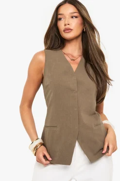 boohoo Gilet Long Ajusté En Lin Avec Col En V<Femme Tailleurs|Tops