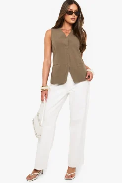 boohoo Gilet Long Ajusté En Lin Avec Col En V<Femme Tailleurs|Tops