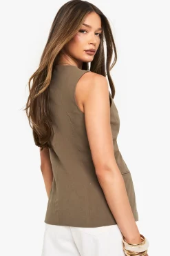 boohoo Gilet Long Ajusté En Lin Avec Col En V<Femme Tailleurs|Tops