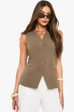boohoo Gilet Long Ajusté En Lin Avec Col En V<Femme Tailleurs|Tops