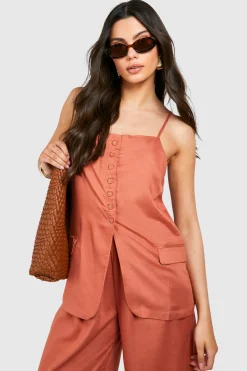 Gilet Long Boutonné à l'Avant Effet Lin