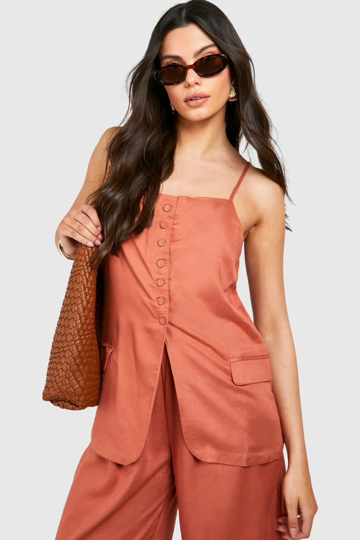 Gilet Long Boutonné à l'Avant Effet Lin
