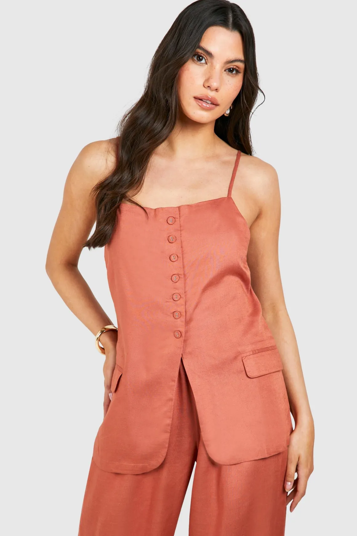 Gilet Long Boutonné à l'Avant Effet Lin
