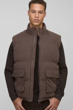 Gilet long, boxy en faux suède à col entonnoir, en chocolat