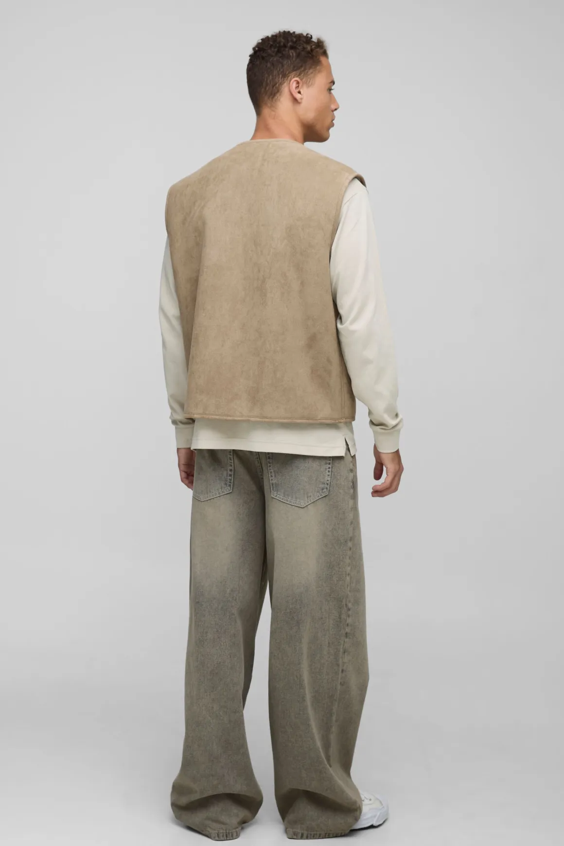 Gilet long, carré, ample, réversible synthétique & suède
