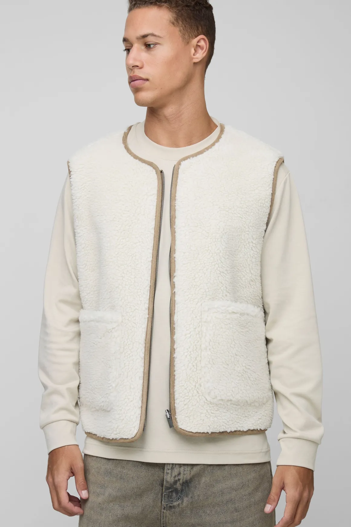 Gilet long, carré, ample, réversible synthétique & suède