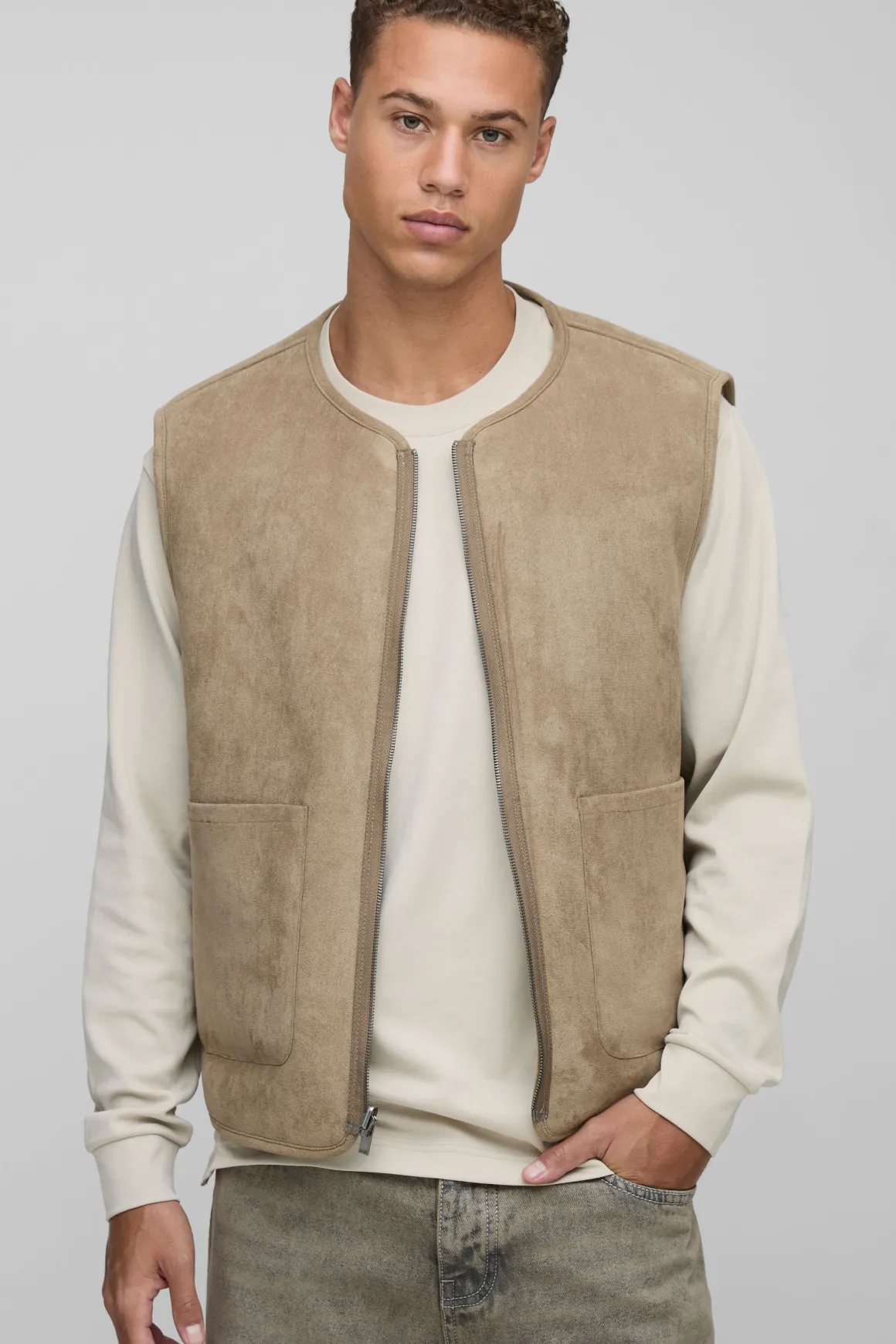 Gilet long, carré, ample, réversible synthétique & suède